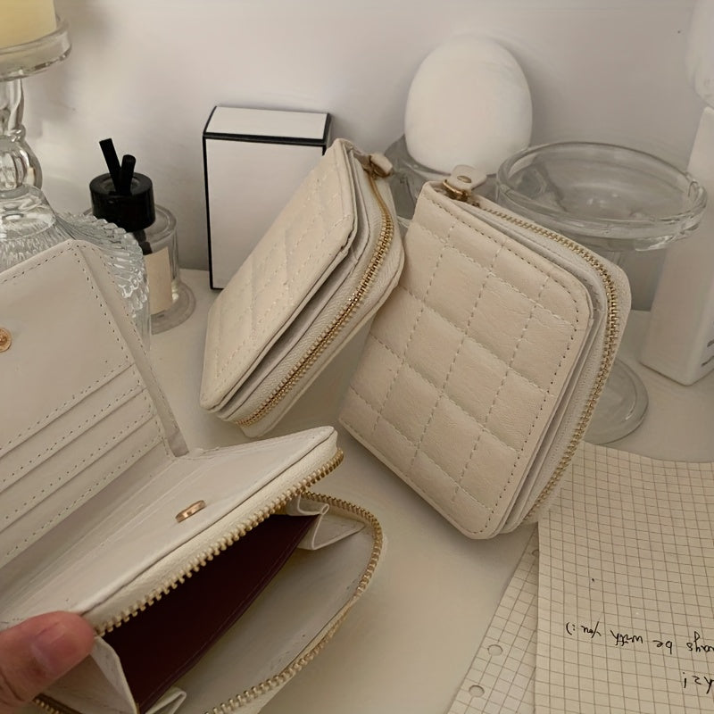 Cream Waffle Textured Coin Purse, Compact Multi-Compartment Wallet with Zipper for Keys, Earphones, Change & Lipstick - Ideal Travel Accessory, White, Purse