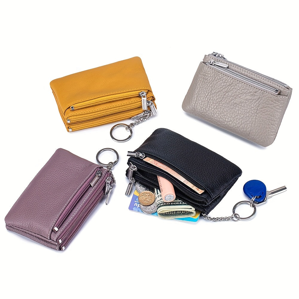 OBCREATOR Genuine Leather Coin Purse for Women & Men - 3-Zipper Secure Closure, Compact Multi-Compartment Wallet with Keychain, RFID Blocking (Black\u002FRed\u002FGrey\u002FOrange\u002FGreen\u002FPink)