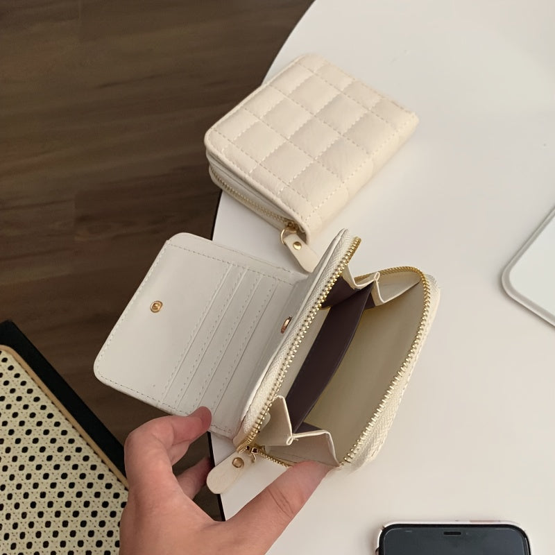 Cream Waffle Textured Coin Purse, Compact Multi-Compartment Wallet with Zipper for Keys, Earphones, Change & Lipstick - Ideal Travel Accessory, White, Purse