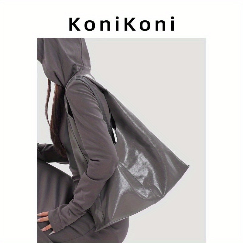 KoniKoni Genuine Leather Tote Bag for Women - Large Capacity Shoulder Bag, Stylish Gray\u002FBlack Commuter Handbag with Magnetic Closure, Soft & Durable Design for Everyday Use