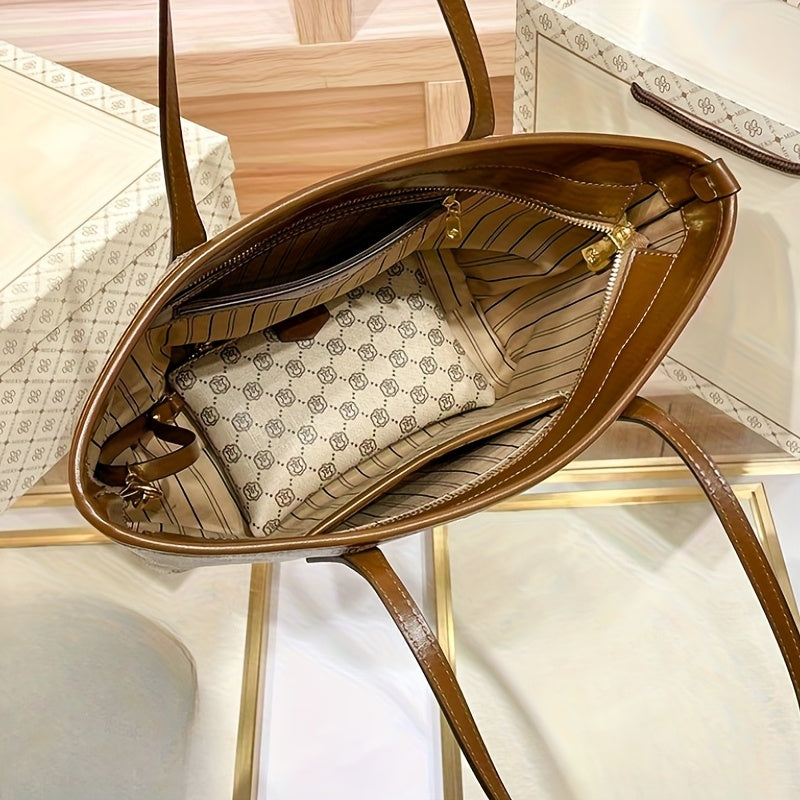 Chic Vintage-Inspired Tote Bag for Women - Spacious Khaki PVC Shoulder Handbag with Zip Closure