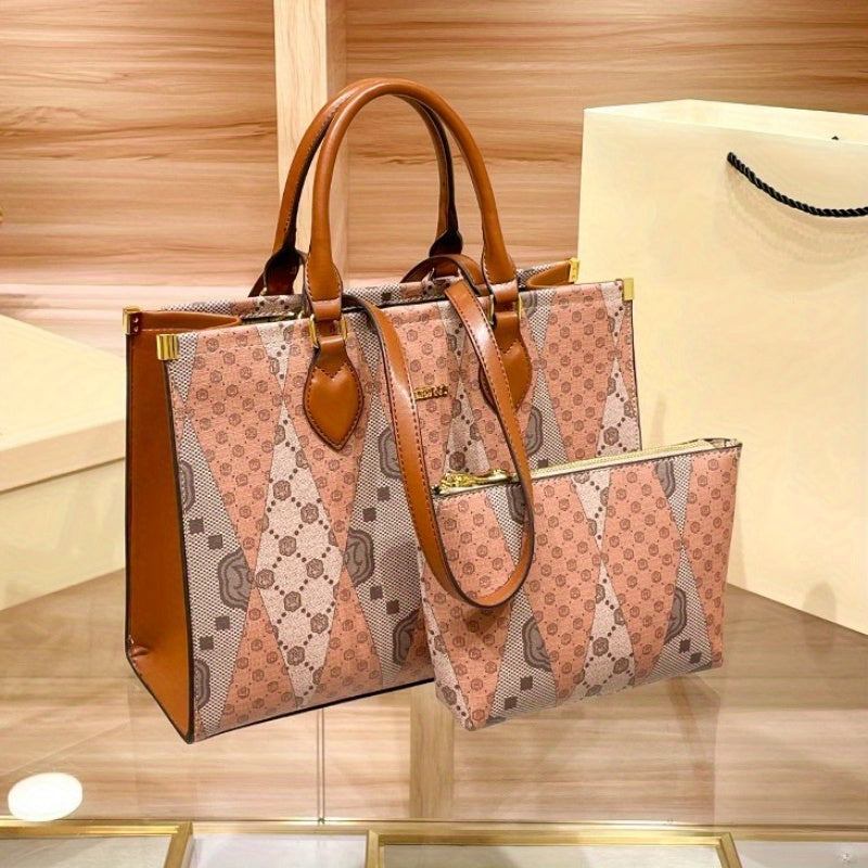 Elegant Floral Print Women'S Tote Bag - Luxurious with Large Capacity, Pink & Beige Pattern, Stylish Shoulder Handbag with Buckle Closure and Polyester Lining, Fashion Tote Bag|Patterned Tote|Crafted with Care