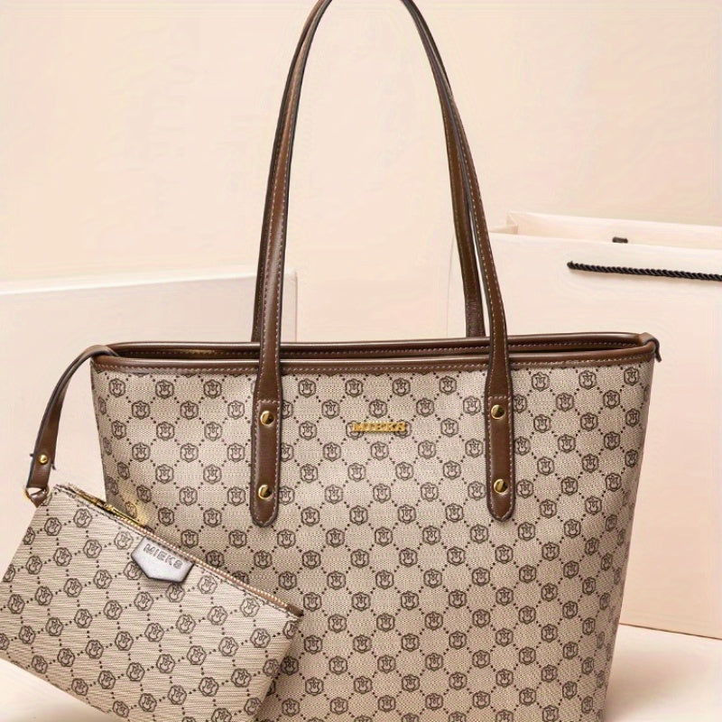 Chic Vintage-Inspired Tote Bag for Women - Spacious Khaki PVC Shoulder Handbag with Zip Closure