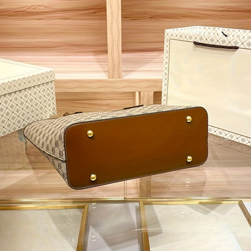 Chic Vintage-Inspired Tote Bag for Women - Spacious Khaki PVC Shoulder Handbag with Zip Closure