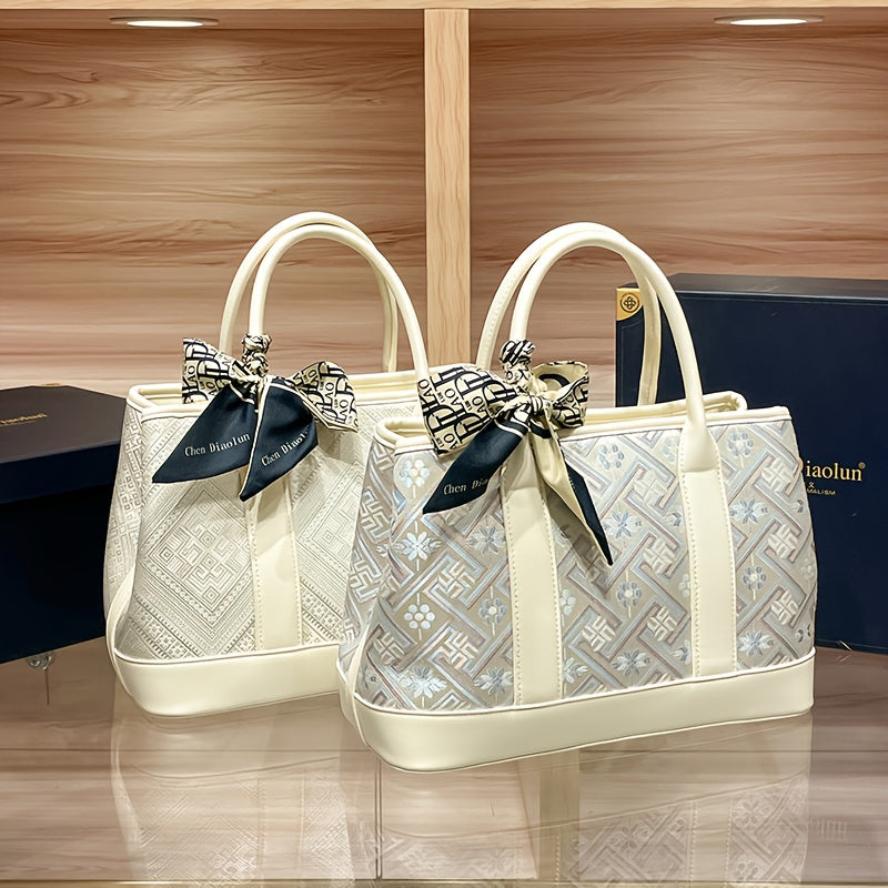 2025 New Vintage-Inspired Large Capacity Tote Bag for Women - Elegant Beige Synthetic with Geometric Pattern, Detachable Shoulder Strap & Zipper Closure