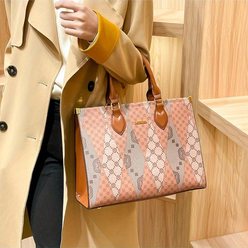 Elegant Floral Print Women'S Tote Bag - Luxurious with Large Capacity, Pink & Beige Pattern, Stylish Shoulder Handbag with Buckle Closure and Polyester Lining, Fashion Tote Bag|Patterned Tote|Crafted with Care