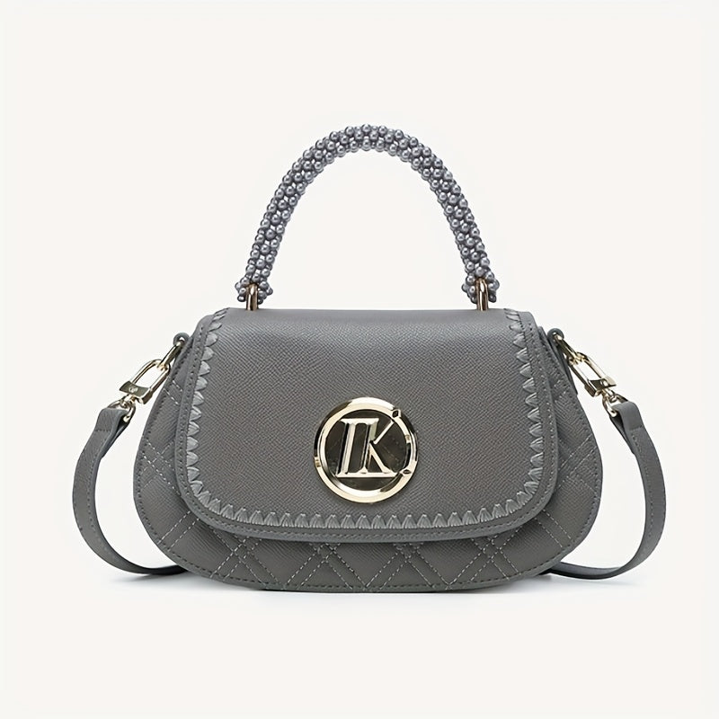 2025 New Elegant -Embellished Crossbody Bag for Women - Detachable Strap, Golden-Tone Hardware, Magnetic Closure, Premium Second-Layer, Grey\u002FWhite, Versatile for Casual & Formal Occasions