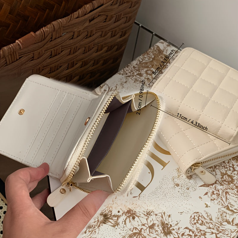 Cream Waffle Textured Coin Purse, Compact Multi-Compartment Wallet with Zipper for Keys, Earphones, Change & Lipstick - Ideal Travel Accessory, White, Purse