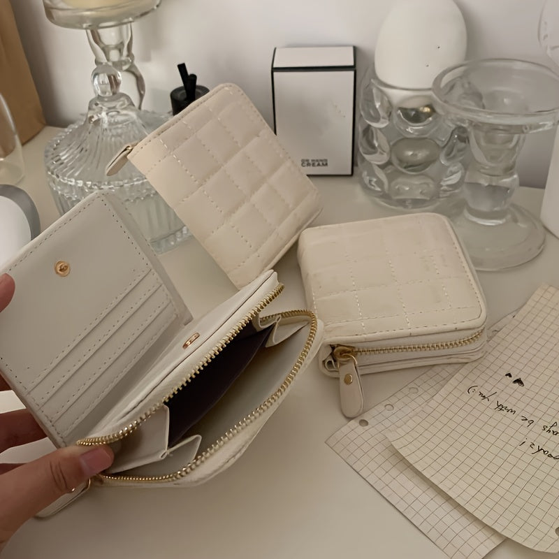 Cream Waffle Textured Coin Purse, Compact Multi-Compartment Wallet with Zipper for Keys, Earphones, Change & Lipstick - Ideal Travel Accessory, White, Purse
