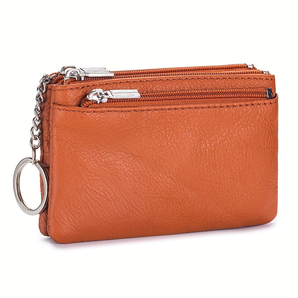 OBCREATOR Genuine Leather Coin Purse for Women & Men - 3-Zipper Secure Closure, Compact Multi-Compartment Wallet with Keychain, RFID Blocking (Black\u002FRed\u002FGrey\u002FOrange\u002FGreen\u002FPink)