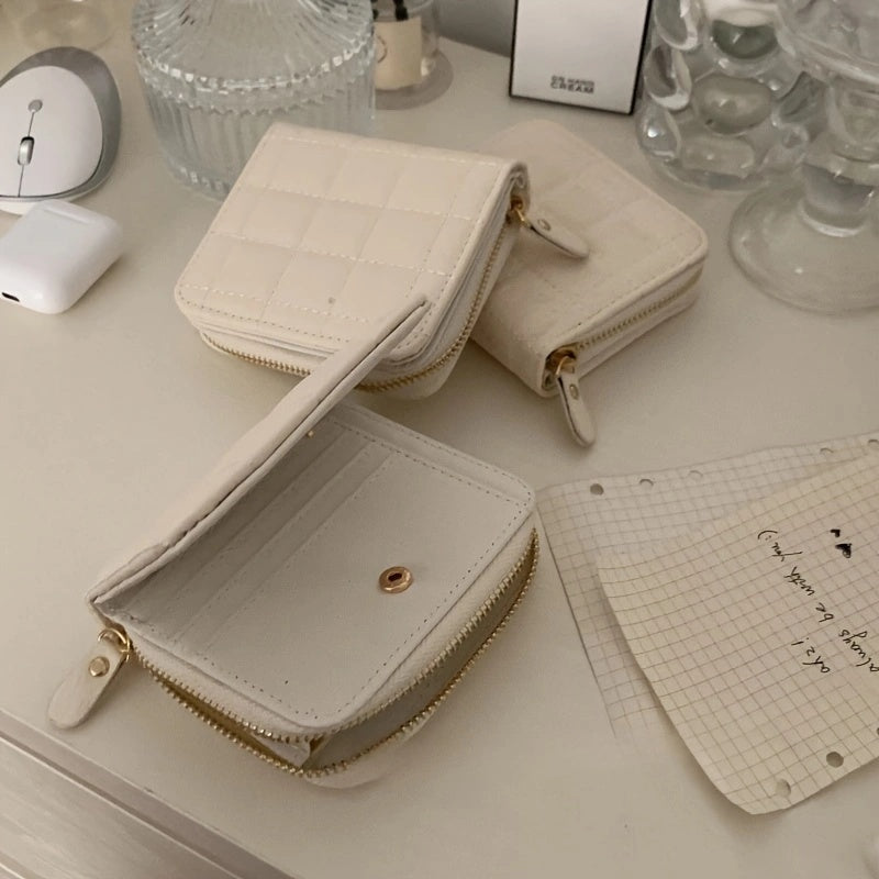 Cream Waffle Textured Coin Purse, Compact Multi-Compartment Wallet with Zipper for Keys, Earphones, Change & Lipstick - Ideal Travel Accessory, White, Purse