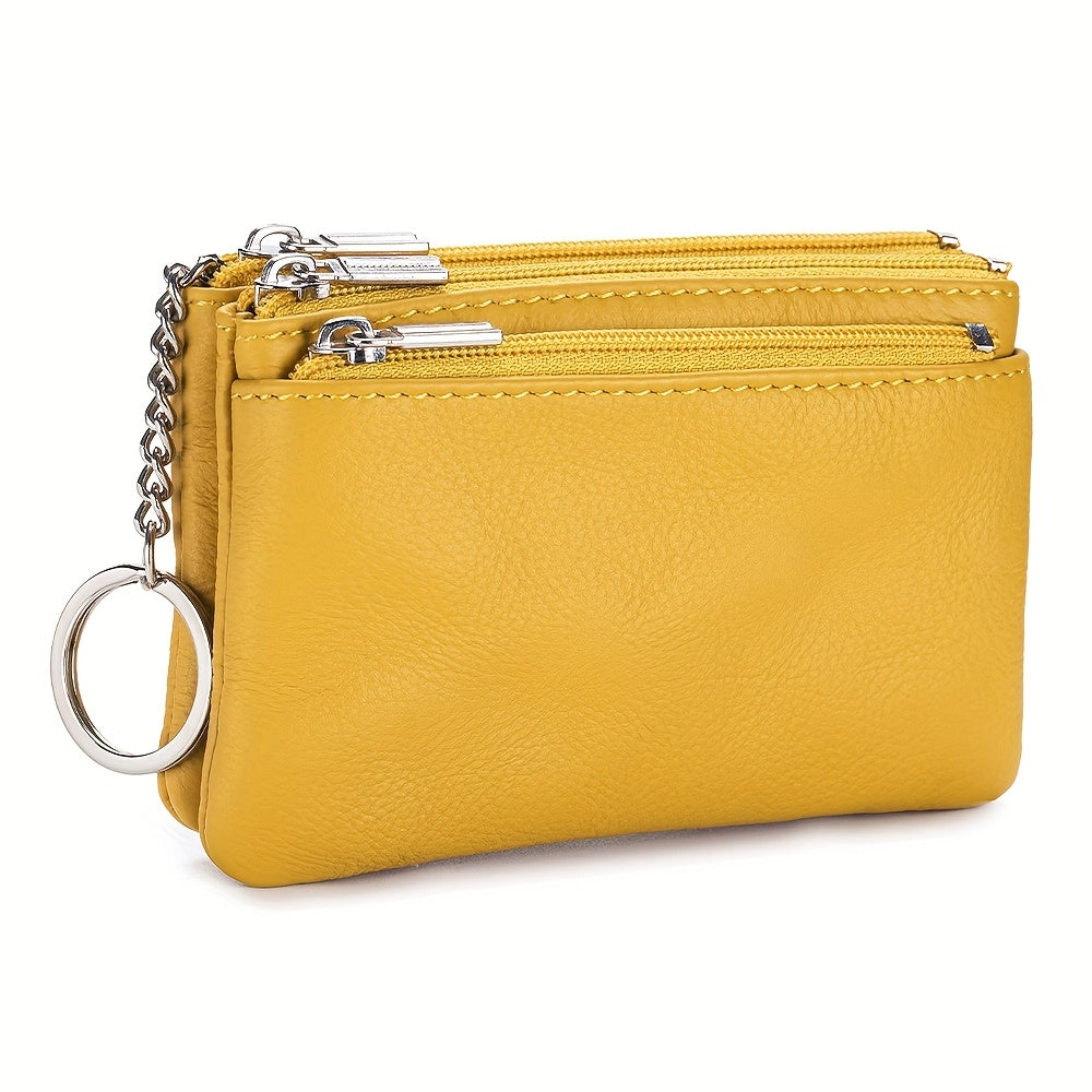 OBCREATOR Genuine Leather Coin Purse for Women & Men - 3-Zipper Secure Closure, Compact Multi-Compartment Wallet with Keychain, RFID Blocking (Black\u002FRed\u002FGrey\u002FOrange\u002FGreen\u002FPink)