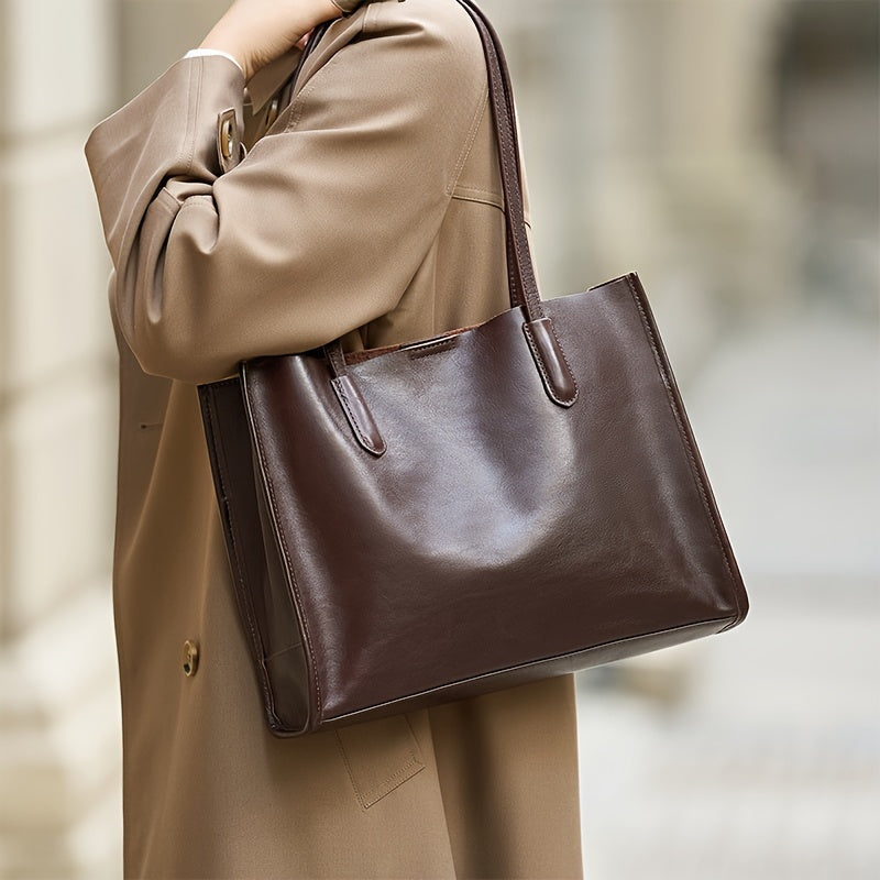 Genuine Genuine Leather Tote Bag for Women - Large Capacity Retro Shoulder Handbag with Magnetic Closure, Smooth Finish, and Fixed Strap in Coffee Brown\u002FBlack, Commuter Tote Bag | Minimalist Tote | Polyester Lined