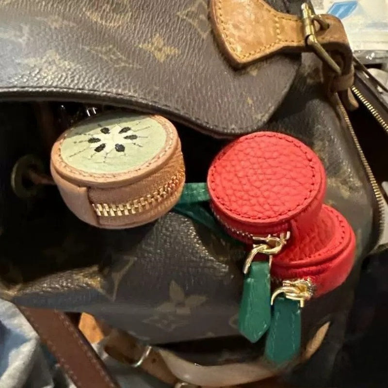 Stylish Avocado-Shaped Wallet & Cat Coin Purse for Women - Compact Zipper Keychain Pouch with Golden-Tone Hardware, Synthetic Leather, Green Straps & Red Floral Embellishments - Hand Washable