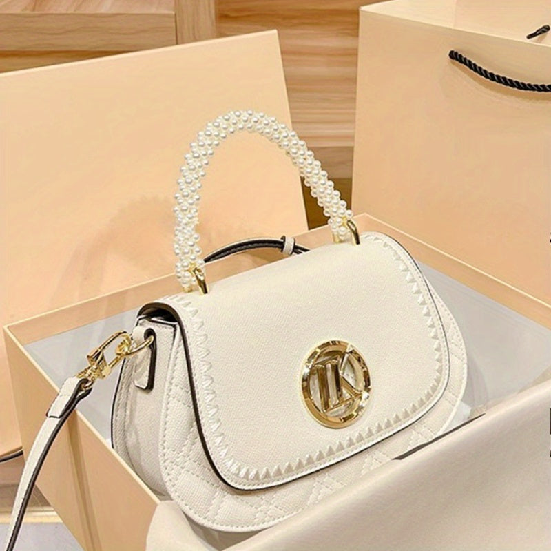 2025 New Elegant -Embellished Crossbody Bag for Women - Detachable Strap, Golden-Tone Hardware, Magnetic Closure, Premium Second-Layer, Grey\u002FWhite, Versatile for Casual & Formal Occasions