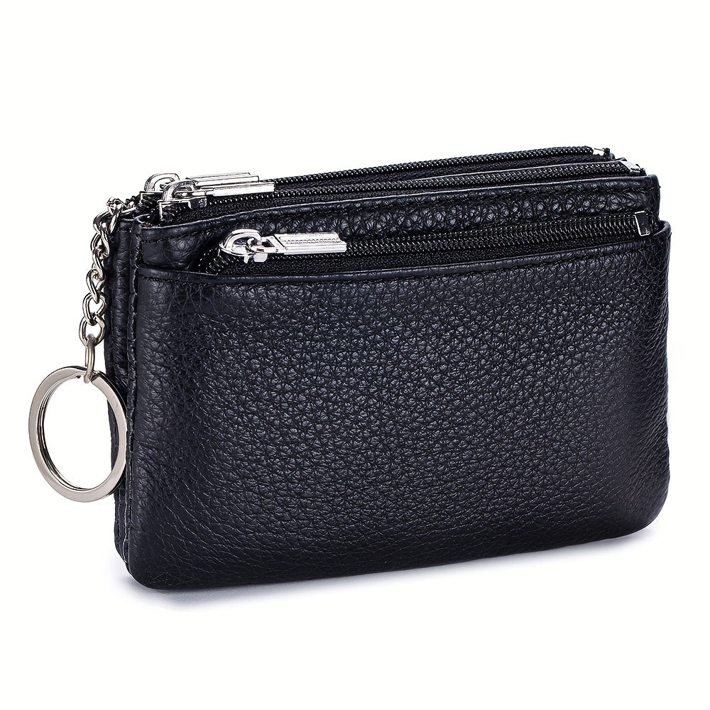 OBCREATOR Genuine Leather Coin Purse for Women & Men - 3-Zipper Secure Closure, Compact Multi-Compartment Wallet with Keychain, RFID Blocking (Black\u002FRed\u002FGrey\u002FOrange\u002FGreen\u002FPink)