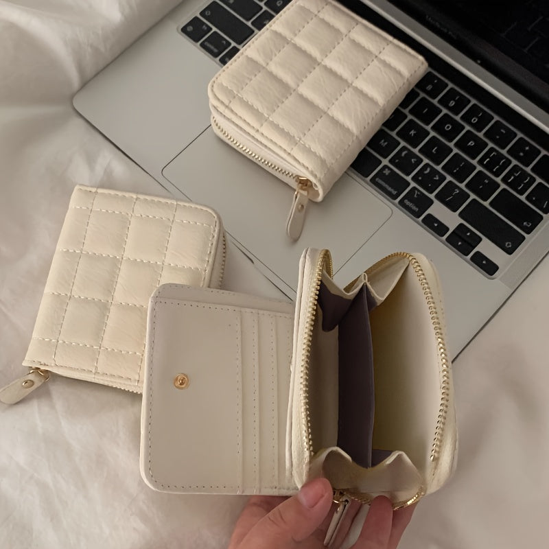 Cream Waffle Textured Coin Purse, Compact Multi-Compartment Wallet with Zipper for Keys, Earphones, Change & Lipstick - Ideal Travel Accessory, White, Purse