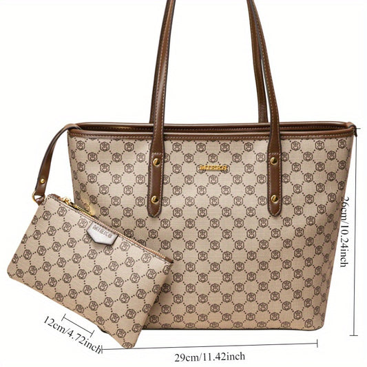 Chic Vintage-Inspired Tote Bag for Women - Spacious Khaki PVC Shoulder Handbag with Zip Closure