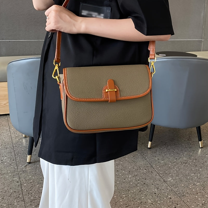 Genuine Leather Crossbody Bag for Women - Stylish Beige & Brown Two-Tone Handbag with Detachable Strap, Magnetic Closure, and Multiple Compartments
