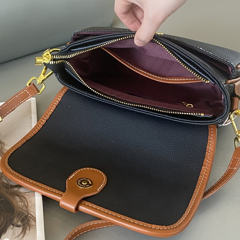 Genuine Leather Crossbody Bag for Women - Stylish Beige & Brown Two-Tone Handbag with Detachable Strap, Magnetic Closure, and Multiple Compartments