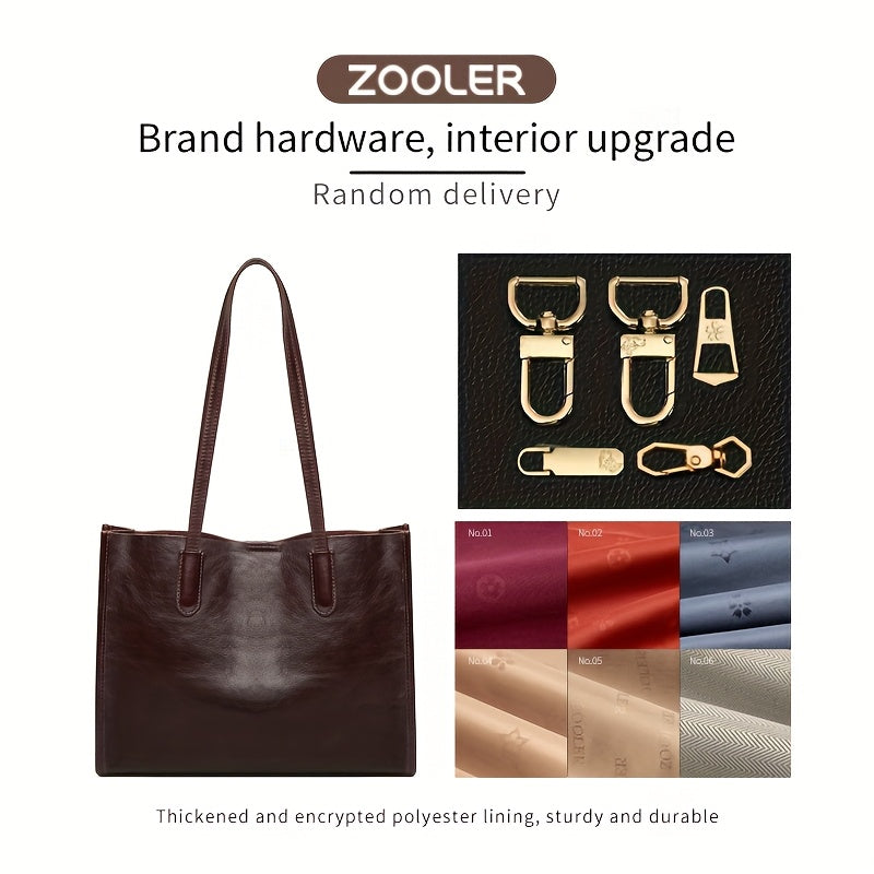 Genuine Genuine Leather Tote Bag for Women - Large Capacity Retro Shoulder Handbag with Magnetic Closure, Smooth Finish, and Fixed Strap in Coffee Brown\u002FBlack, Commuter Tote Bag | Minimalist Tote | Polyester Lined
