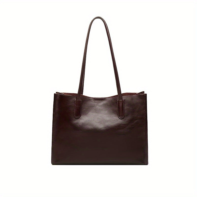 Genuine Genuine Leather Tote Bag for Women - Large Capacity Retro Shoulder Handbag with Magnetic Closure, Smooth Finish, and Fixed Strap in Coffee Brown\u002FBlack, Commuter Tote Bag | Minimalist Tote | Polyester Lined