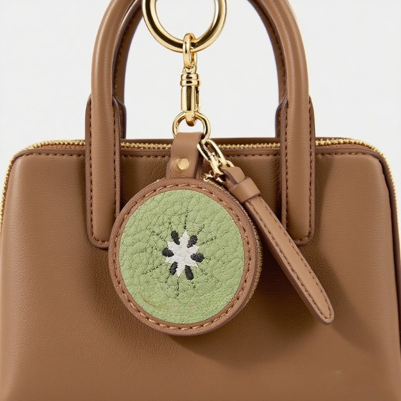 Stylish Avocado-Shaped Wallet & Cat Coin Purse for Women - Compact Zipper Keychain Pouch with Golden-Tone Hardware, Synthetic Leather, Green Straps & Red Floral Embellishments - Hand Washable