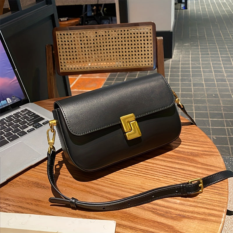 Women's Genuine Convertible Shoulder Bag - Detachable Strap & Magnetic Closure, Large Capacity Tote for Work, Shopping, Casual Outings - Solid Black with Golden-Tone Accents, Guangzhou Crafted, Crossbody Purse, Minimalist Design, Goldtone Hardware