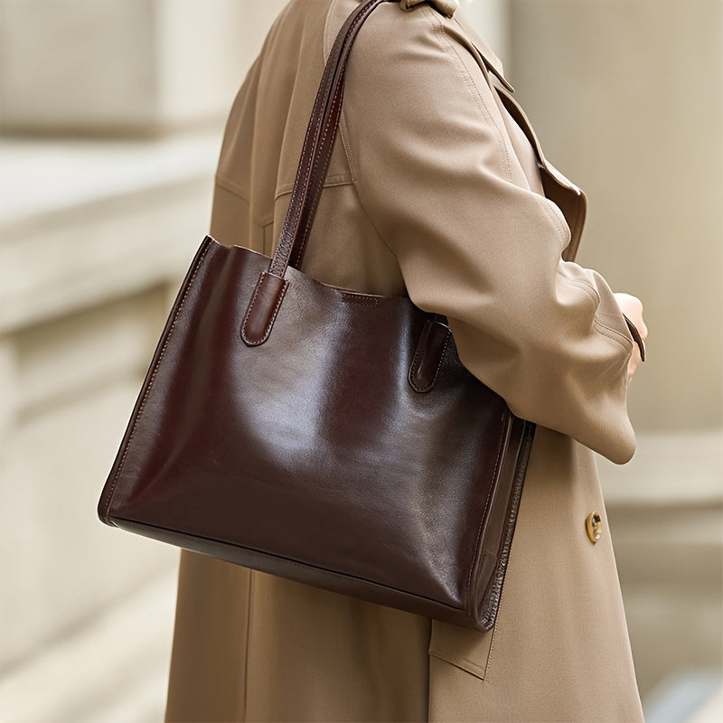 Genuine Genuine Leather Tote Bag for Women - Large Capacity Retro Shoulder Handbag with Magnetic Closure, Smooth Finish, and Fixed Strap in Coffee Brown\u002FBlack, Commuter Tote Bag | Minimalist Tote | Polyester Lined