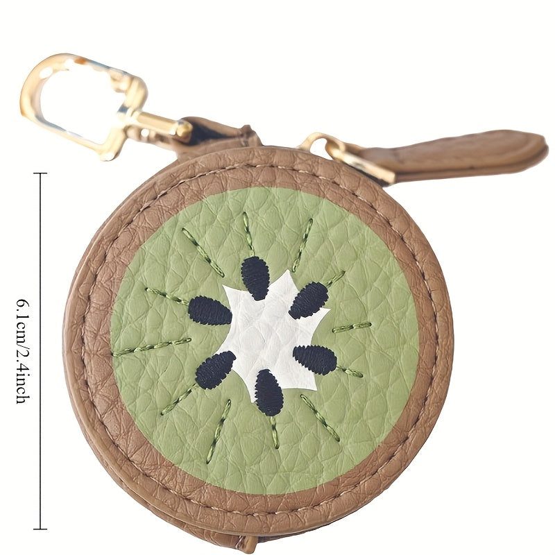Stylish Avocado-Shaped Wallet & Cat Coin Purse for Women - Compact Zipper Keychain Pouch with Golden-Tone Hardware, Synthetic Leather, Green Straps & Red Floral Embellishments - Hand Washable