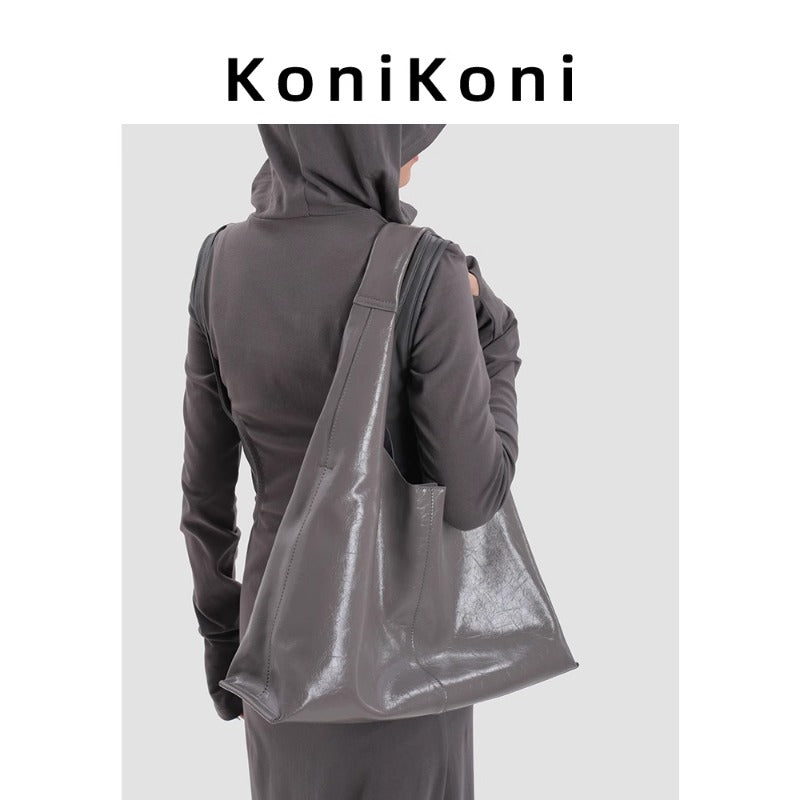 KoniKoni Genuine Leather Tote Bag for Women - Large Capacity Shoulder Bag, Stylish Gray\u002FBlack Commuter Handbag with Magnetic Closure, Soft & Durable Design for Everyday Use