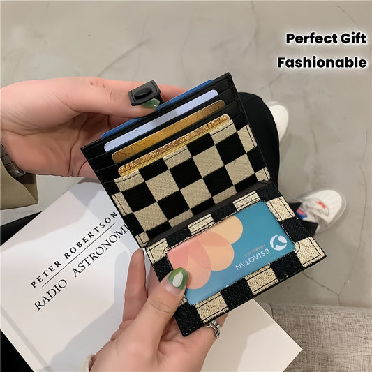 1pc Slim Black & White Checkered Card Wallet with Transparent Window, Large Capacity Coin Purse & Multiple Slots - Stylish Retro Design, Perfect Gift for Her or Mom, Wallet