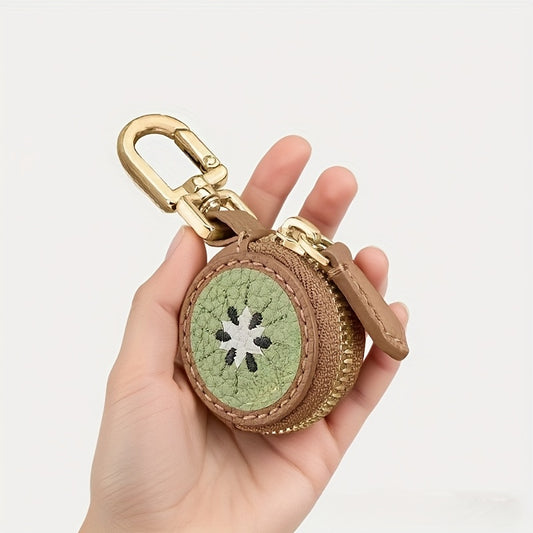 Stylish Avocado-Shaped Wallet & Cat Coin Purse for Women - Compact Zipper Keychain Pouch with Golden-Tone Hardware, Synthetic Leather, Green Straps & Red Floral Embellishments - Hand Washable