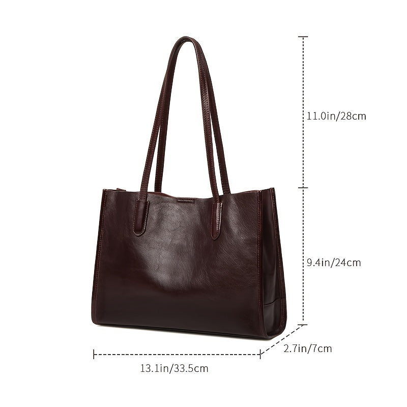 Genuine Genuine Leather Tote Bag for Women - Large Capacity Retro Shoulder Handbag with Magnetic Closure, Smooth Finish, and Fixed Strap in Coffee Brown\u002FBlack, Commuter Tote Bag | Minimalist Tote | Polyester Lined