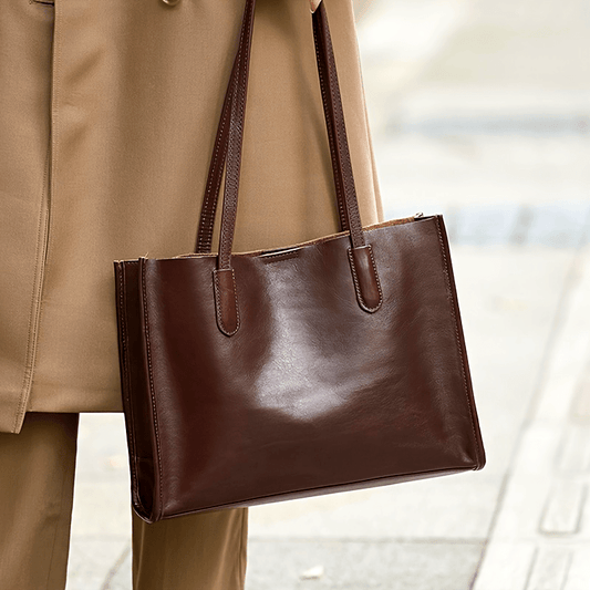 Genuine Genuine Leather Tote Bag for Women - Large Capacity Retro Shoulder Handbag with Magnetic Closure, Smooth Finish, and Fixed Strap in Coffee Brown\u002FBlack, Commuter Tote Bag | Minimalist Tote | Polyester Lined