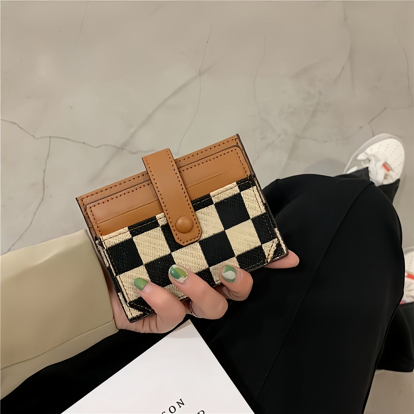 1pc Slim Black & White Checkered Card Wallet with Transparent Window, Large Capacity Coin Purse & Multiple Slots - Stylish Retro Design, Perfect Gift for Her or Mom, Wallet