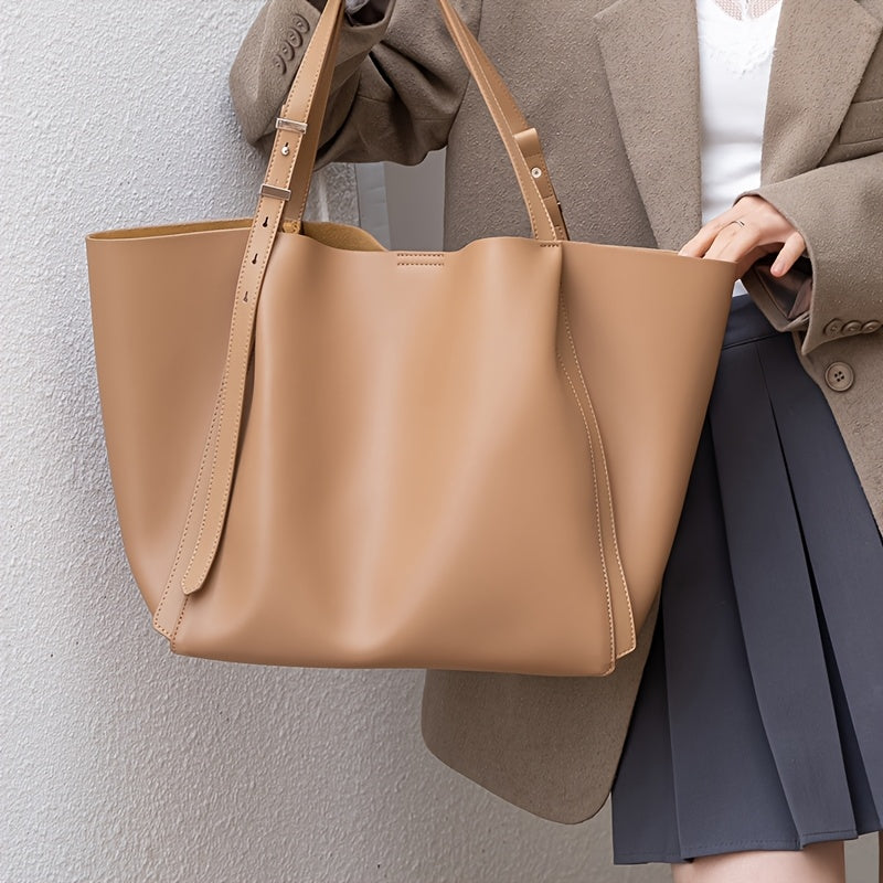 Women'S Minimalist Taupe Leather Tote Bag with Adjustable Strap - Large Capacity, Magnetic Closure, Fabric Lining, Edge Paint Detail, Ideal for Casual & Professional Use, Casual Tote Bag|Minimalist Style|Magnetic Closure Bag