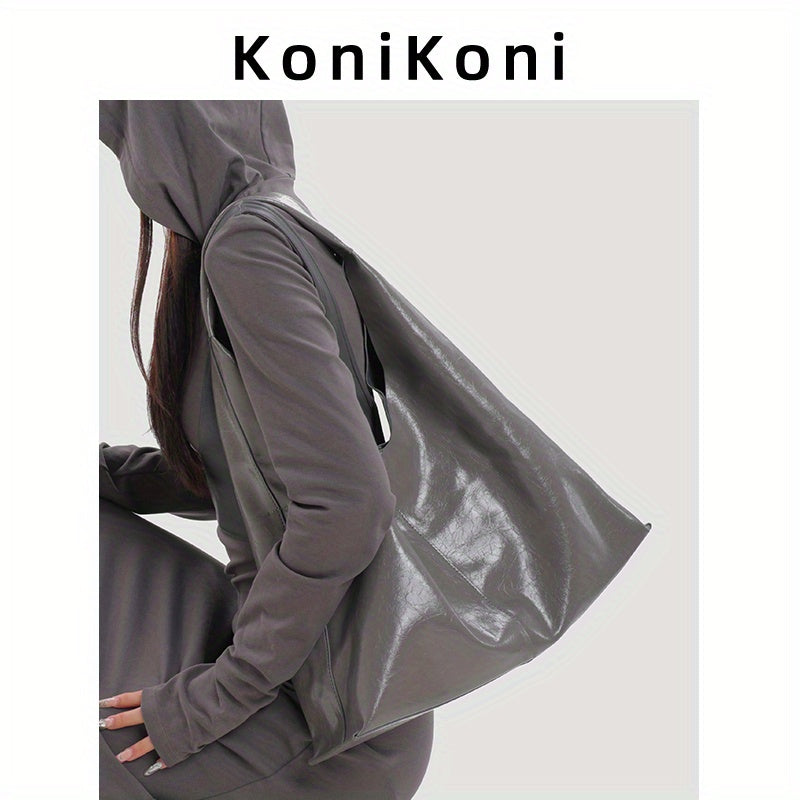 KoniKoni Genuine Leather Tote Bag for Women - Large Capacity Shoulder Bag, Stylish Gray\u002FBlack Commuter Handbag with Magnetic Closure, Soft & Durable Design for Everyday Use