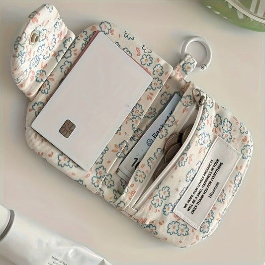 2 mini flower card holders&coin purse - pink, blue-green, small flower white background design, secure zipper closure, portable keychain style Women's small wallet, compact and durable card coin storage bag