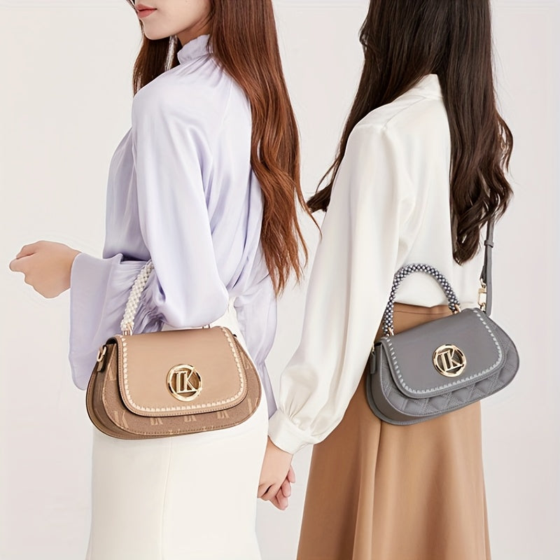 2025 New Elegant -Embellished Crossbody Bag for Women - Detachable Strap, Golden-Tone Hardware, Magnetic Closure, Premium Second-Layer, Grey\u002FWhite, Versatile for Casual & Formal Occasions