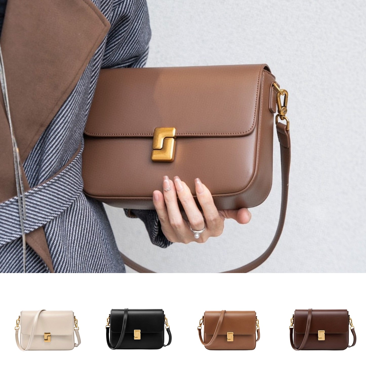 Chic Black Crossbody Bag with Golden-Tone Hardware - Versatile Shoulder Purse for Women, Minimalist Design, Zip Closure, Available in Sizes S to XXL