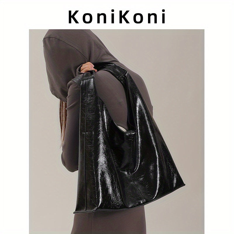 KoniKoni Genuine Leather Tote Bag for Women - Large Capacity Shoulder Bag, Stylish Gray\u002FBlack Commuter Handbag with Magnetic Closure, Soft & Durable Design for Everyday Use