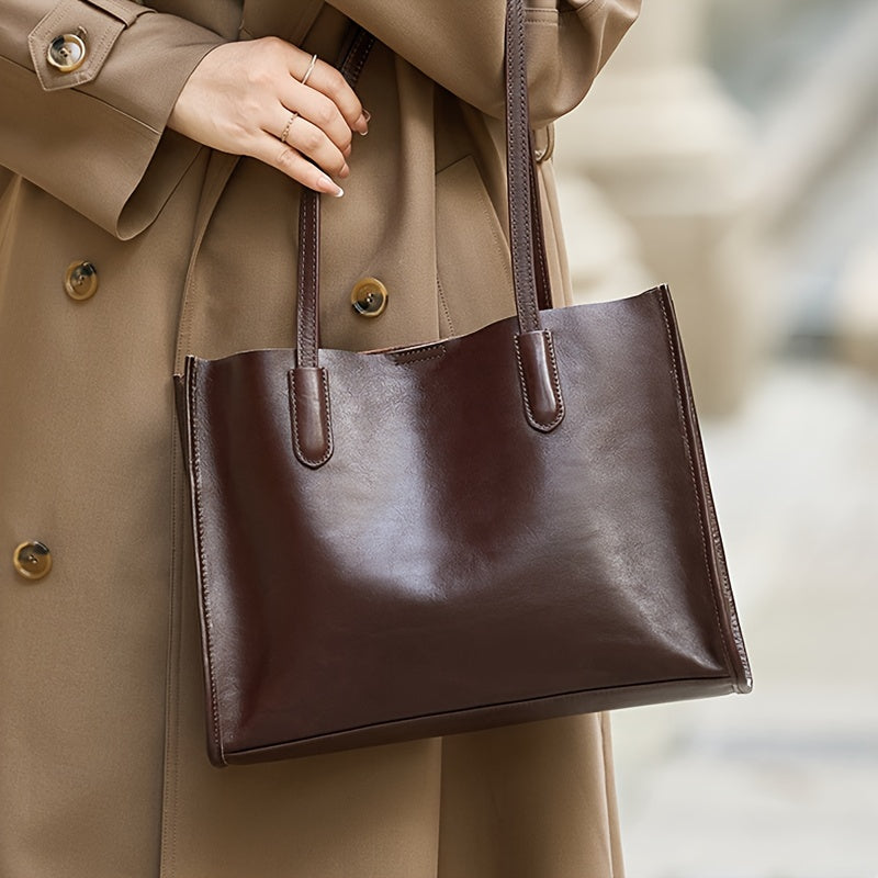 Genuine Genuine Leather Tote Bag for Women - Large Capacity Retro Shoulder Handbag with Magnetic Closure, Smooth Finish, and Fixed Strap in Coffee Brown\u002FBlack, Commuter Tote Bag | Minimalist Tote | Polyester Lined