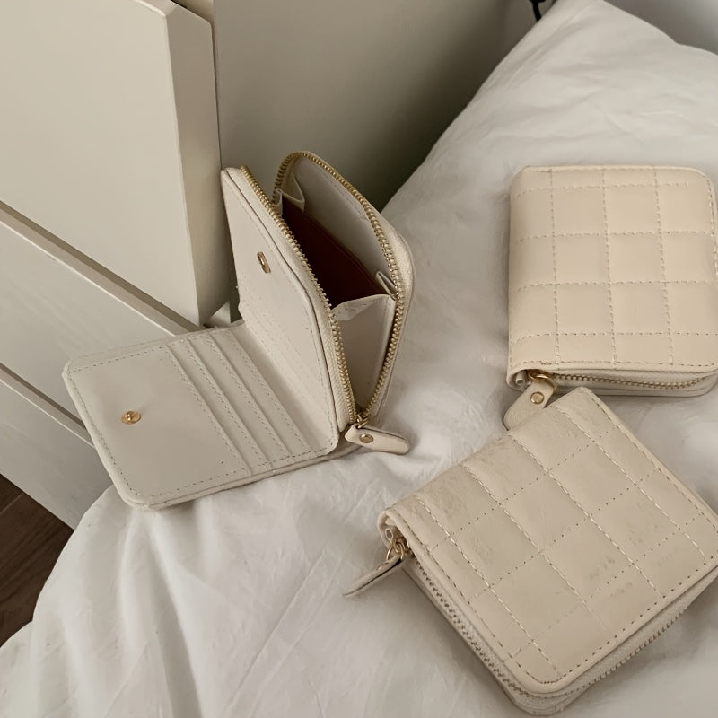 Cream Waffle Textured Coin Purse, Compact Multi-Compartment Wallet with Zipper for Keys, Earphones, Change & Lipstick - Ideal Travel Accessory, White, Purse