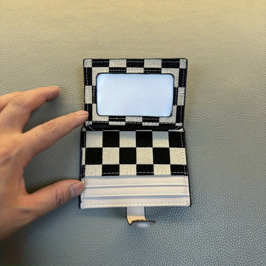 1pc Slim Black & White Checkered Card Wallet with Transparent Window, Large Capacity Coin Purse & Multiple Slots - Stylish Retro Design, Perfect Gift for Her or Mom, Wallet