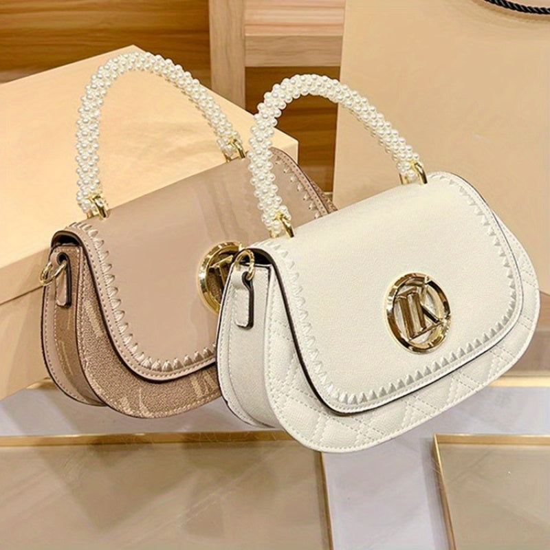 2025 New Elegant -Embellished Crossbody Bag for Women - Detachable Strap, Golden-Tone Hardware, Magnetic Closure, Premium Second-Layer, Grey\u002FWhite, Versatile for Casual & Formal Occasions