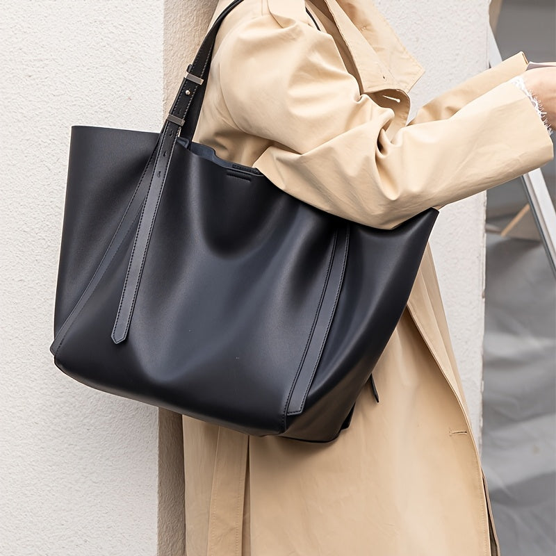 Women'S Minimalist Taupe Leather Tote Bag with Adjustable Strap - Large Capacity, Magnetic Closure, Fabric Lining, Edge Paint Detail, Ideal for Casual & Professional Use, Casual Tote Bag|Minimalist Style|Magnetic Closure Bag