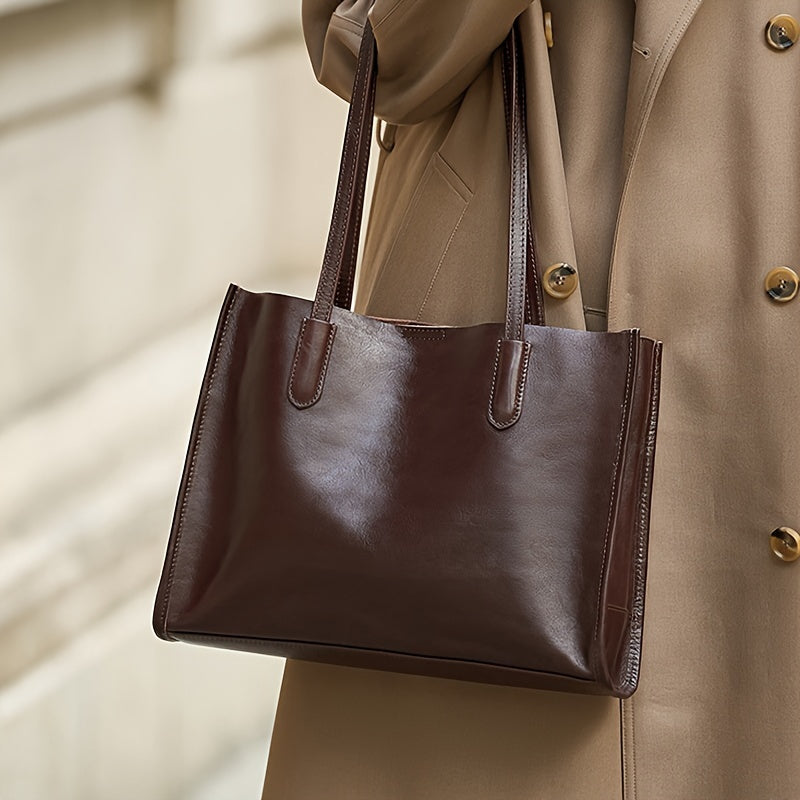 Genuine Genuine Leather Tote Bag for Women - Large Capacity Retro Shoulder Handbag with Magnetic Closure, Smooth Finish, and Fixed Strap in Coffee Brown\u002FBlack, Commuter Tote Bag | Minimalist Tote | Polyester Lined
