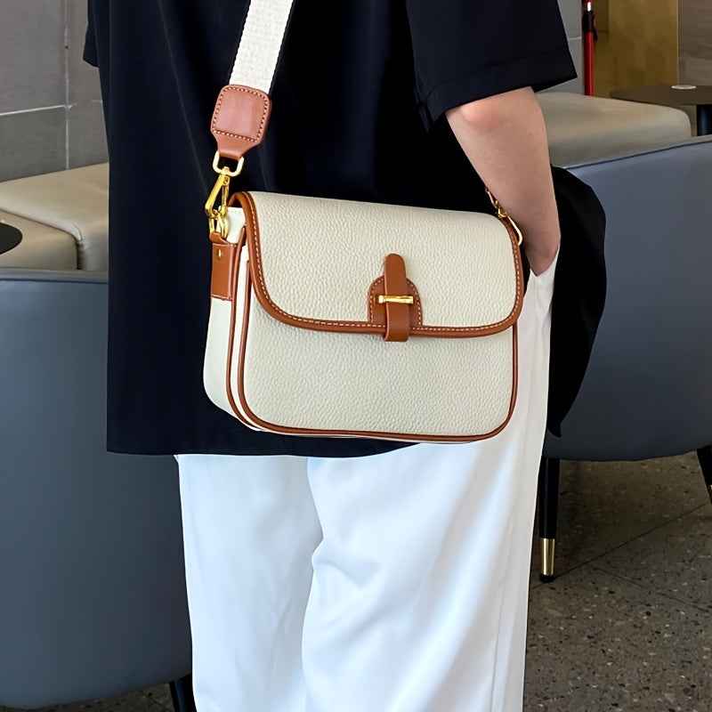 Genuine Leather Crossbody Bag for Women - Stylish Beige & Brown Two-Tone Handbag with Detachable Strap, Magnetic Closure, and Multiple Compartments