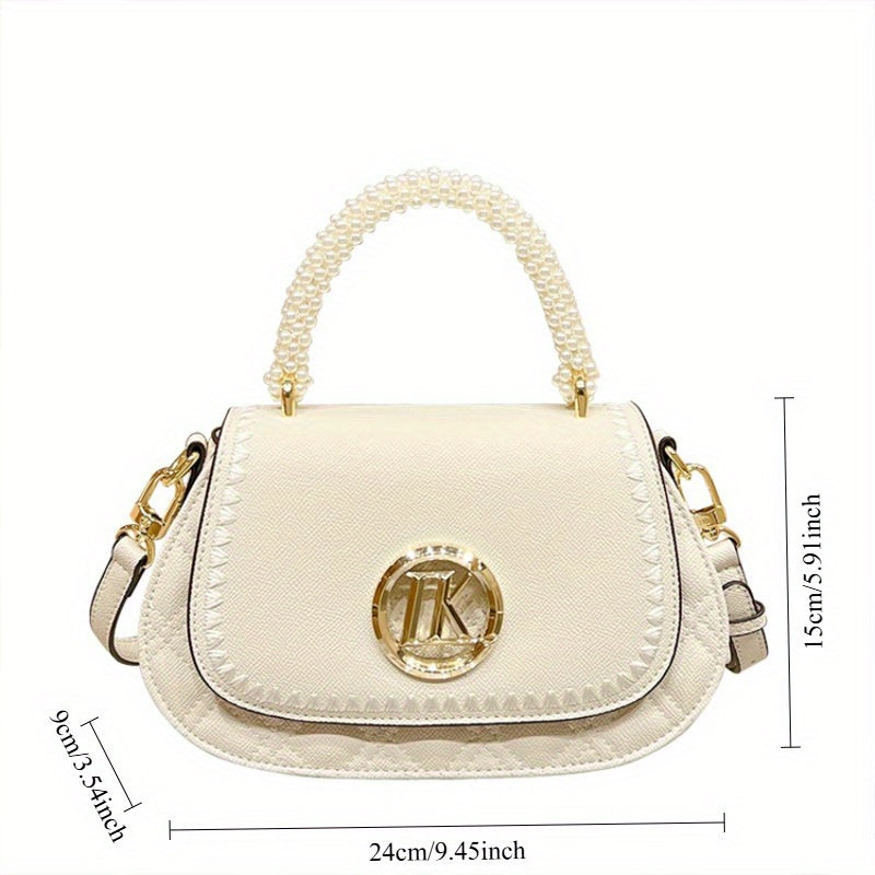2025 New Elegant -Embellished Crossbody Bag for Women - Detachable Strap, Golden-Tone Hardware, Magnetic Closure, Premium Second-Layer, Grey\u002FWhite, Versatile for Casual & Formal Occasions